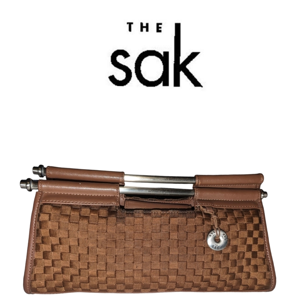 Vintage  THE SAK Brown Woven Clutch with Silvertone Handles Geometric Y2K